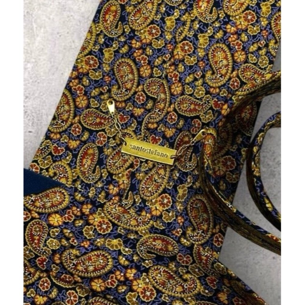 SANTOSTEFANO Silk Tie ITALY Blue Gold Brown Paisley Floral W:4" EUC - Picture 2 of 6